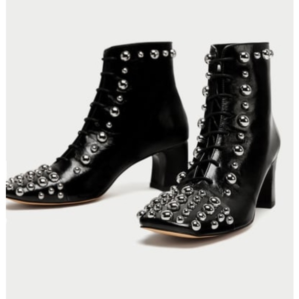 ZARA Leather High Heel Boots With Studs 🌈🖤